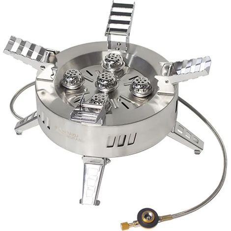Réchaud à gaz portable 5 brûleurs en acier inoxydable 18 000 W, coupe-vent, pour le camping et les pique-niques. Pliable et fourni avec un sac de rangement. (1/4)
