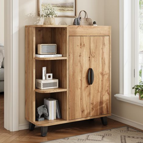 Meuble à chaussures étroit, armoire double porte avec étagères ouvertes, rangement chaussures effet bois, buffet polyvalent pour entrée, petit meuble gain de place avec plateau supérieur (1/5)