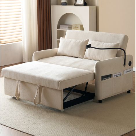 2-Sitzer-Schlafsofa 129x76x81 cm beige – verstellbare Rückenlehne, USB, Chenille, MEUBLIV (1/5)