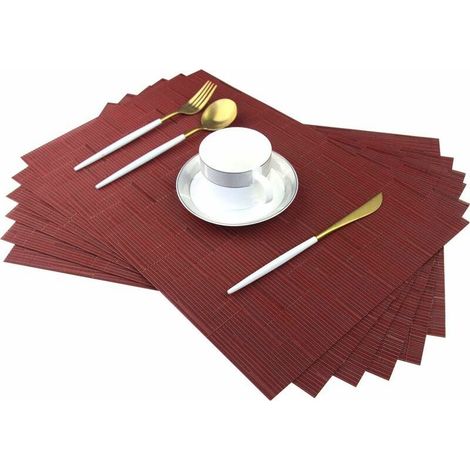 Table à manger Lot de 6 sets de table en bambou rouge pour table à dîner en plastique facile à nettoyer résistant à la chaleur tapis de table en vinyle tissé napperons antidérapants (1/5)