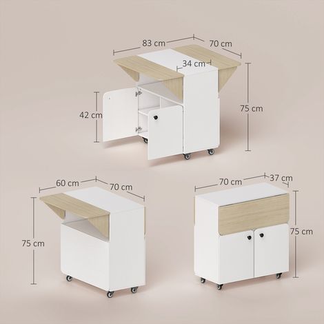 Table/meuble pliant avec deux côtés de table rabattables, compartiment de rangement, 4 roulettes, blanc et bois naturel, 70 x 83 x 75 cm (1/5)