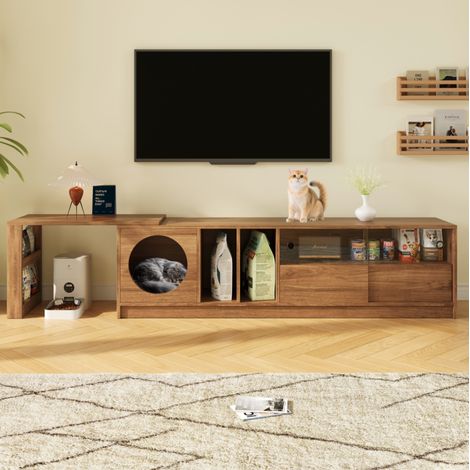 Mobile TV 180/260x40x51,5 cm in MDF color noce, girevole ed estensibile, con spazio per gatto e ante in vetro (1/5)