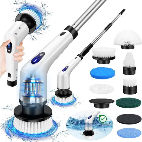 Brosse de nettoyage rotative électrique, 9 têtes de brosse remplaçables, brosse de nettoyage électrique à deux vitesses, tige d'extension réglable, adaptée à la salle de bain, au sol, à la cuisine, à (1/5)