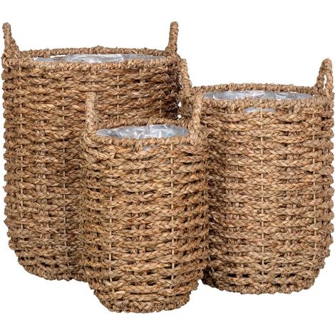 MIREILLE - Lot de 3 Cache-Pots en Fibre Naturelle Tressée avec Anses