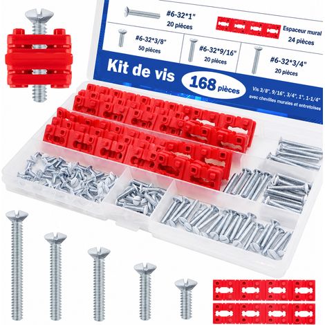 Kit 168 pièces Vis Plaque Murale 6-32 et Cales Boîte Prise Électrique 10 × 2 × 1 cm 100 g – Livraison gratuite (1/5)