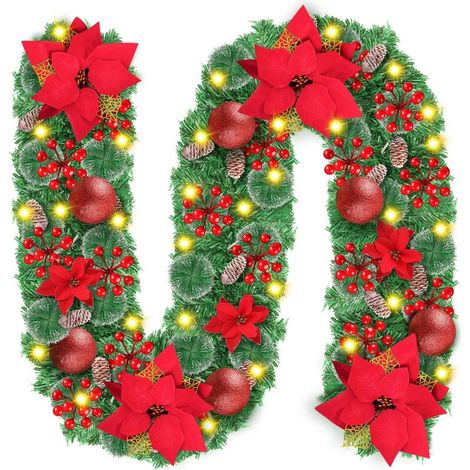 Guirlande de Noël Lumineuse avec 50 LED, Boules de Noël Rouges et Pommes de pin - pour l’intérieur et l’extérieur - pour décoration de Noël, d’escaliers, de cheminées, de Porche - 2,7 m (1/5)