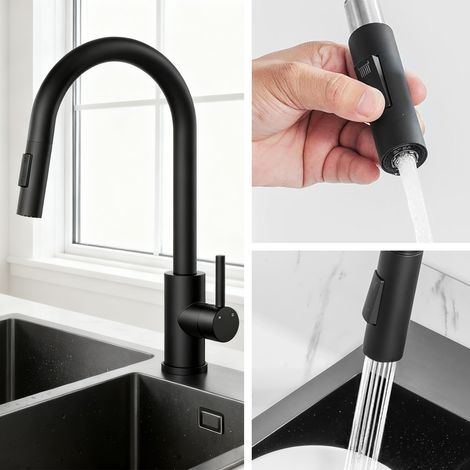 Duschparadies Edelstahl Küchenarmatur Ausziehbar 360°Drehbar Einhebelmischer 2 Strahlmodi Hochdruck Küchenwasserhahn Matt Schwarz (1/5)