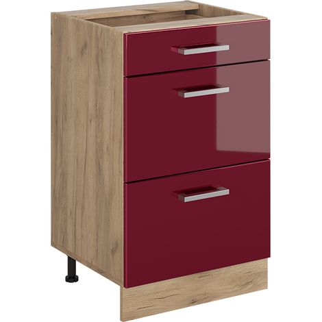 Mobiletto base per cucina R-Line, Rosso lucido/Rovere dorato, 50 cm senza piano di lavoro, Vicco