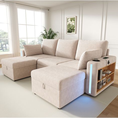 Canapé modulable en U/L 190 x 130 x 85 cm en velours côtelé beige avec LED, rangements et USB (1/5)