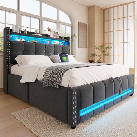 Letto matrimoniale 140x200 cm LED, contenitore idraulico grigio in legno, senza materasso (1/5)