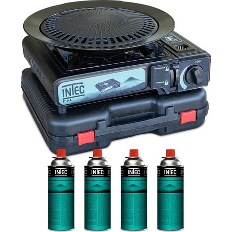 Réchaud à gaz 2200W Etna + Plaque Grill Barbecue + 4 Cartouches gaz Camping Mallette INTEC (1/5)