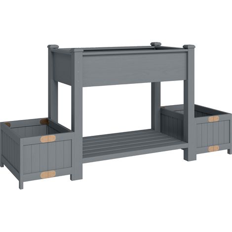 Fioriera Rialzata 149x46x76 cm con 2 Vasi Laterali e Ripiano per Attrezzi in Legno di Abete Grigio (1/5)