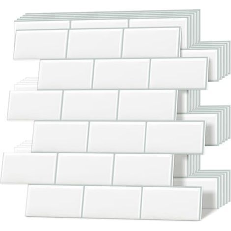 Carreaux adhésifs épais, carreaux muraux auto-adhésifs, crédence de cuisine style métro, blancs, 10 feuilles (1/5)