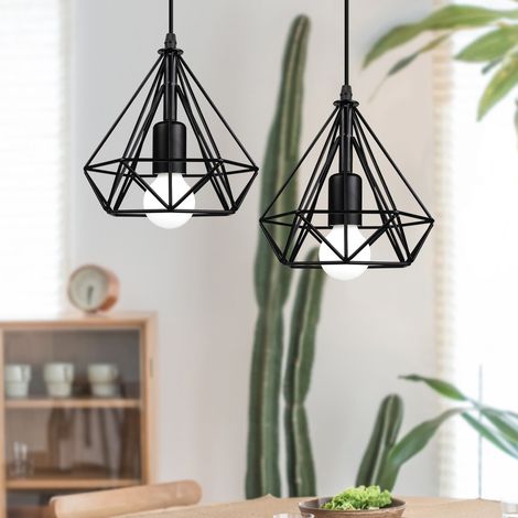 Lot de 2 Suspension Cage Forme Diamant Contemporain Luminaire Corde Ajustable Noir