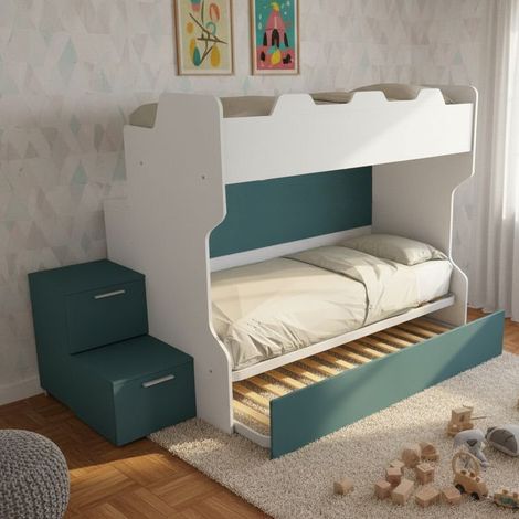 Letto a castello salvaspazio con scala a cassettoni e camminatoio - Bianco e Petrolio