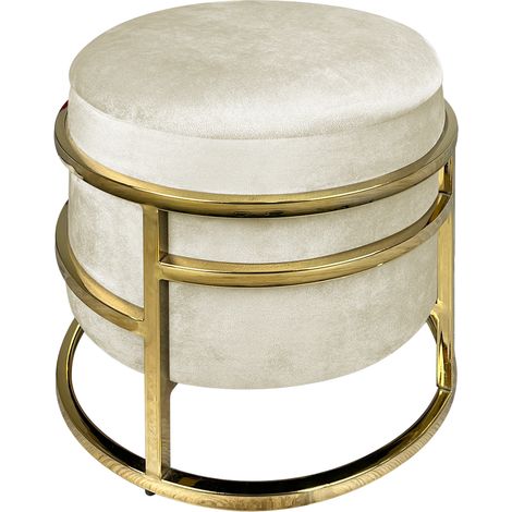 Pouf Contenitore Poggiapiedi Velluto Con Struttura Circolare Cromata Oro Elegante Imbottito Sgabello Per Toeletta Mobile Trucco Ottomano Ingresso Camera Da Letto Soggiorno Salotto Rotondo Beige (1/5)