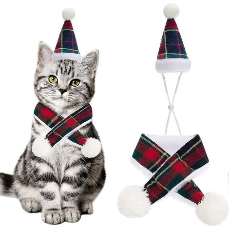 Costume de Noël pour chien Heilwiy : bonnet et écharpe tricotée - 2 pièces - Accessoires de déguisement mignons pour animaux de compagnie - Vêtements d'hiver chauds pour chat. Taille S (1/5)
