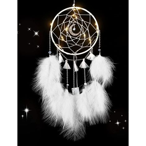Small Dream Catcher with LED Light, Handmade Feather Dreamcatcher, Dreamcatcher Wall Decor Home Ornament (White) (1/5)