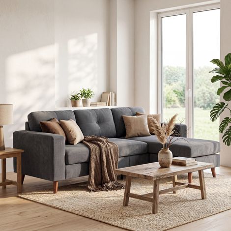Canapé d'angle 192 cm en forme de L, 3 places, avec méridienne réversible, aspect velours côtelé, idéal pour les petits espaces, gris foncé