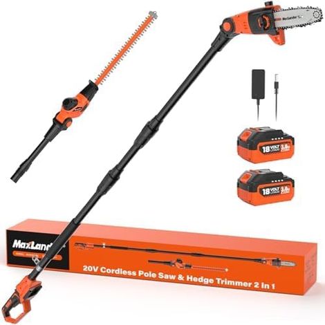 Élagueuse et taille-haie électrique sans fil - Portée maximale de 4,5 m avec tige d'extension - Longueur de coupe : 45 cm - Longueur de coupe : 20 cm - Tronçonneuse avec 2 batteries de 3,0