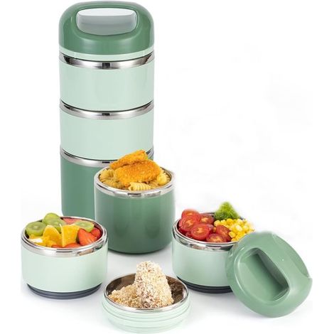 Portapranzo a tre scomparti in acciaio inossidabile con ciotola per zuppa per adulti, contenitore per alimenti impilabile a prova di perdite, portapranzo portatile per pasti in movimento - Verde (24,6 (1/5)