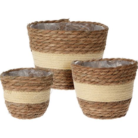 Rebecca Mobili Lote de 3 Cestas para Plantas de Exterior de Totora Forradas Marrón Beige