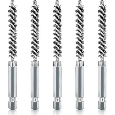 Lot de 5 brosses de nettoyage en acier inoxydable de 8mm avec poils en acier inoxydable pour perceuse électrique, brosse métallique abrasive avec tige hexagonale de 6,35 mm (1/5)