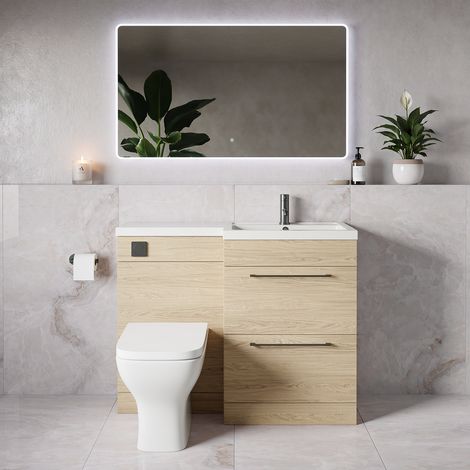 Napoli 390 Light Oak 1100mm 2 Drawer Vanity Unit Toilet Suite with Square Right Hand Lucia Basin - 1100mm - Gunmetal Grey 320mm HandleWith Kingston Toilet Pan and Seat
