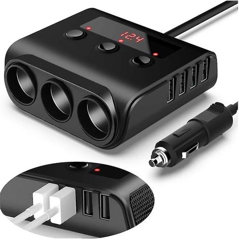 Chargeur Voiture 3 Prises Allume-Cigare, 100W 12V/24V Adaptateur 4 Ports USB avec Fusible 7A Remplaçable et Voltmètre, Prise DC Multiprise Auto (1/4)