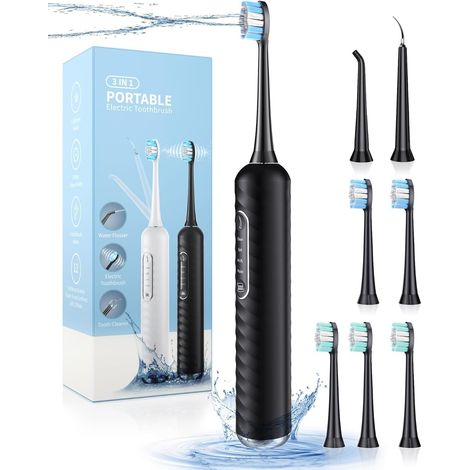 Electric toothbrush with water jet, 3-in-1 teeth cleaning kit with 7 modes, Electric toothbrush and water jet combo for adults, black