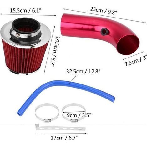 Kit Filtre à Air Sport Universel pour Voiture, 76 mm Système d'admission d'air en Fibre de Carbone avec Tuyau, Tuyau d'admission d'air Froid, Kit de Tuyau d'induction en Alliage d'aluminium