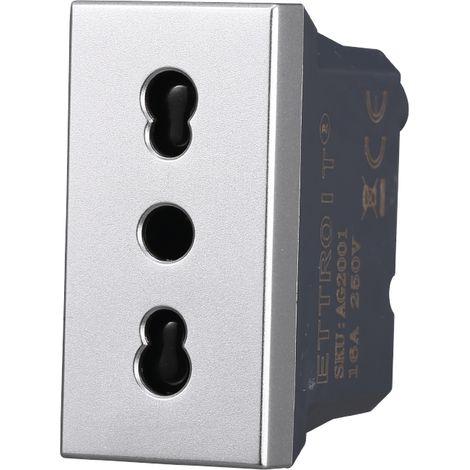 ETTROIT AG2001 Presa Bipasso Bivalente 2P+T 10/16A Colore Grigio Compatibile Con Bticino Axolute
