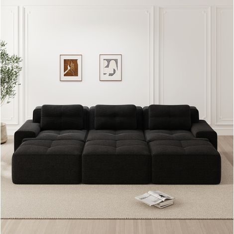 Divano modulare in corduroy nero con funzione letto, seduta profonda 74 cm e 3 pouf (1/5)