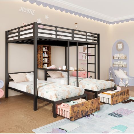 Letto a castello triplo 140x200 + 90x200 cm con vano portaoggetti, 2 cassetti, ripiani e sponde di sicurezza, nero, senza materasso (1/5)