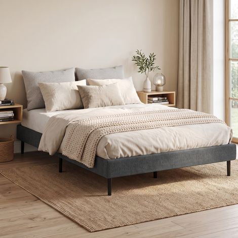 Sommier Tapissier 140x190 cm, Cadre Lit Chenille, 10 Lattes Bois, 9 Pieds Stables, Gris (1/5)