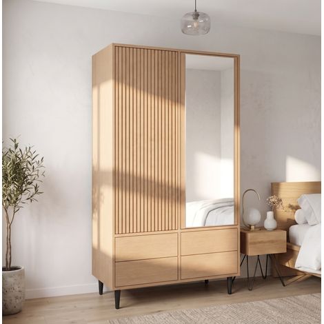 Kleiderschrank mit 2 Türen und Spiegel 90 x 45 x 200 cm Eicheoptik OKWISH (1/5)