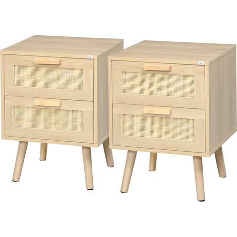 Set 2 Comodini con 2 Cassetti 40x40x56 cm in Legno e Rattan Naturale (1/5)
