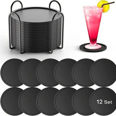 12 tapis antidérapants en silicone avec support — Noir — 10 x 0,3 cm — (1/5)