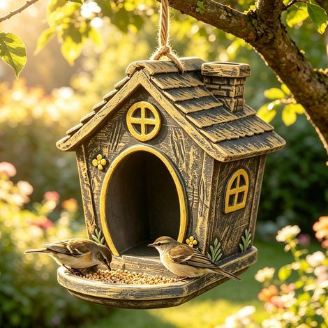 Mangeoire suspendue pour oiseaux avec plateau intégré, en résine résistante aux intempéries, facile à suspendre. (1/5)
