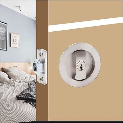 66mm Serrure de porte coulissante Ronde poignée avec serrure porte coulissante Argent Poignée de porte invisible Poignées de porte de poche avec serrure et clé (1/5)