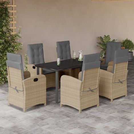 Salon de jardin 7 pièces en résine tressée, fauteuils inclinables beige et table noire - PANGIVO (1/5)