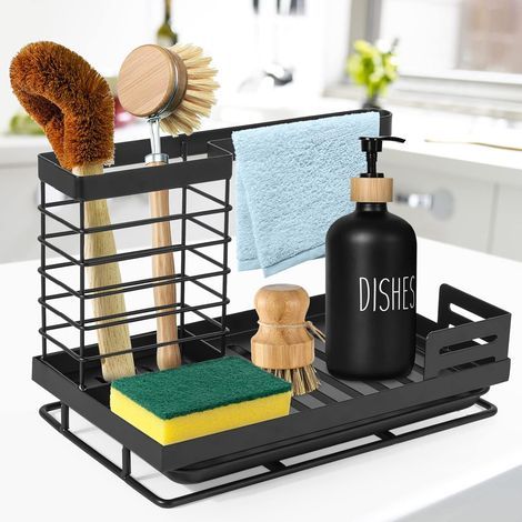 Soporte para esponjas de fregadero de cocina, organizador de fregadero de acero inoxidable para guardar esponjas con utensilios y bandeja recogegotas, almacenamiento para fregadero de cocina y baño. (1/5)
