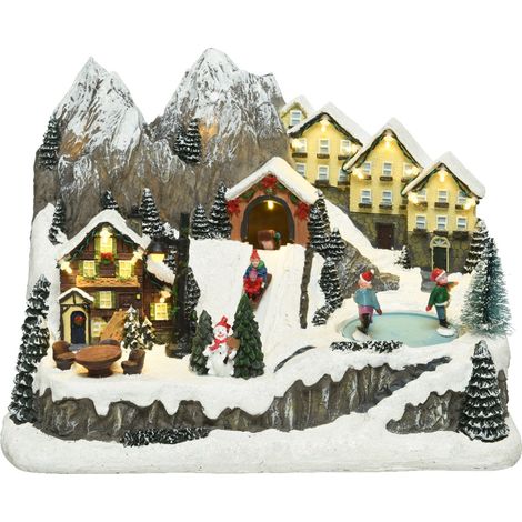 Scena animata a Led Villaggio sulla montagna con pista di pattinaggio, decorazione da 32.5 cm (1/3)