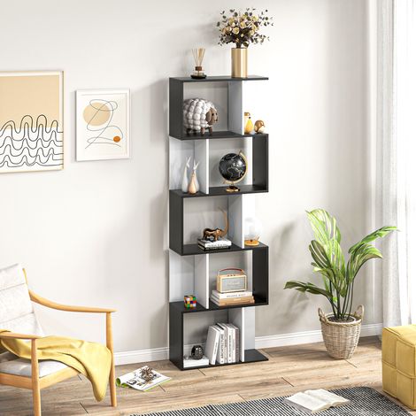 Libreria a 5 ripiani, mobile contenitore a forma di S con ripiani, scaffale portaoggetti per soggiorno, camera da letto, ufficio, 60 x 24 x 184,5 cm, nero, bianco