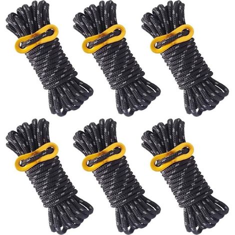Corde de tente réfléchissante 4 m × 5 mm – Lot de 6 cordes noires avec tendeur réglable pour camping et auvent (1/5)