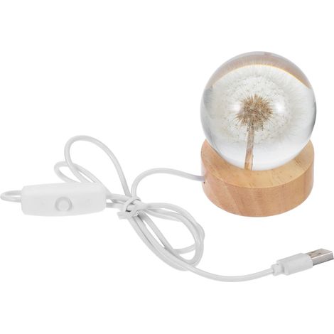 Veilleuse Boule Cristal Pissenlit avec Socle Bois Massif (1/5)
