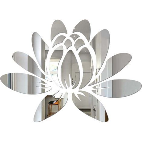 3D argent 25x 18 cm Acrylique Miroir Fleur de Lotus Sticker Mural Stickers Muraux Auto-Adhésif Amovible  pour la Maison Chambre Salon Salle de Bains Décoration