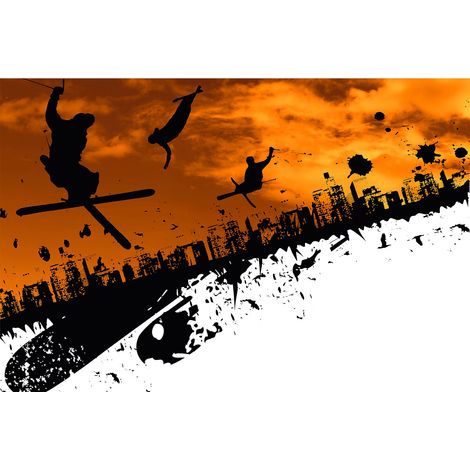 Papier peint panoramique chambre ado street art | Tapisserie panoramique orange, blanc & noir ski | Papier peint panoramique chambre garçon - 267 x 400 cm (4 pièces) (1/2)