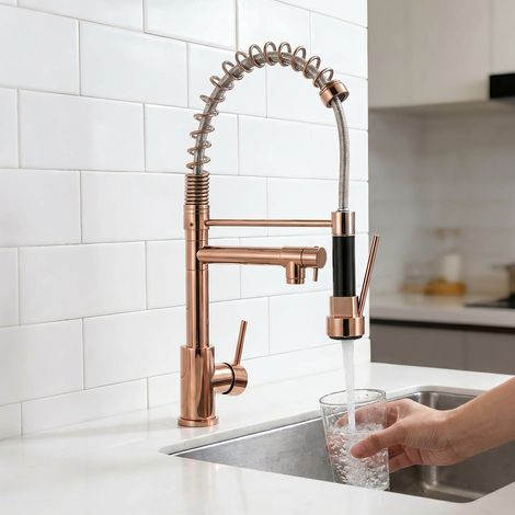 Rubinetto cucina miscelatore con molla e doccetta estraibile stile moderno - Rubinetto per lavello nero e oro rosa girevole a 360° in ottone, doppia uscita acqua, 2 modalità di getto e tubi inclusi