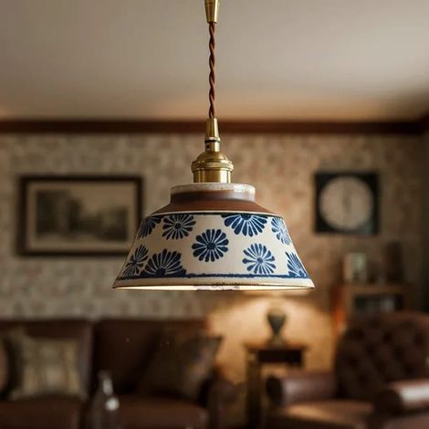 Suspension en céramique sous émail, lustre vintage avec ampoule, petite lampe de chevet LED, plafonnier en porcelaine, φ18 cm, lumière chaude 3000 K (1/5)